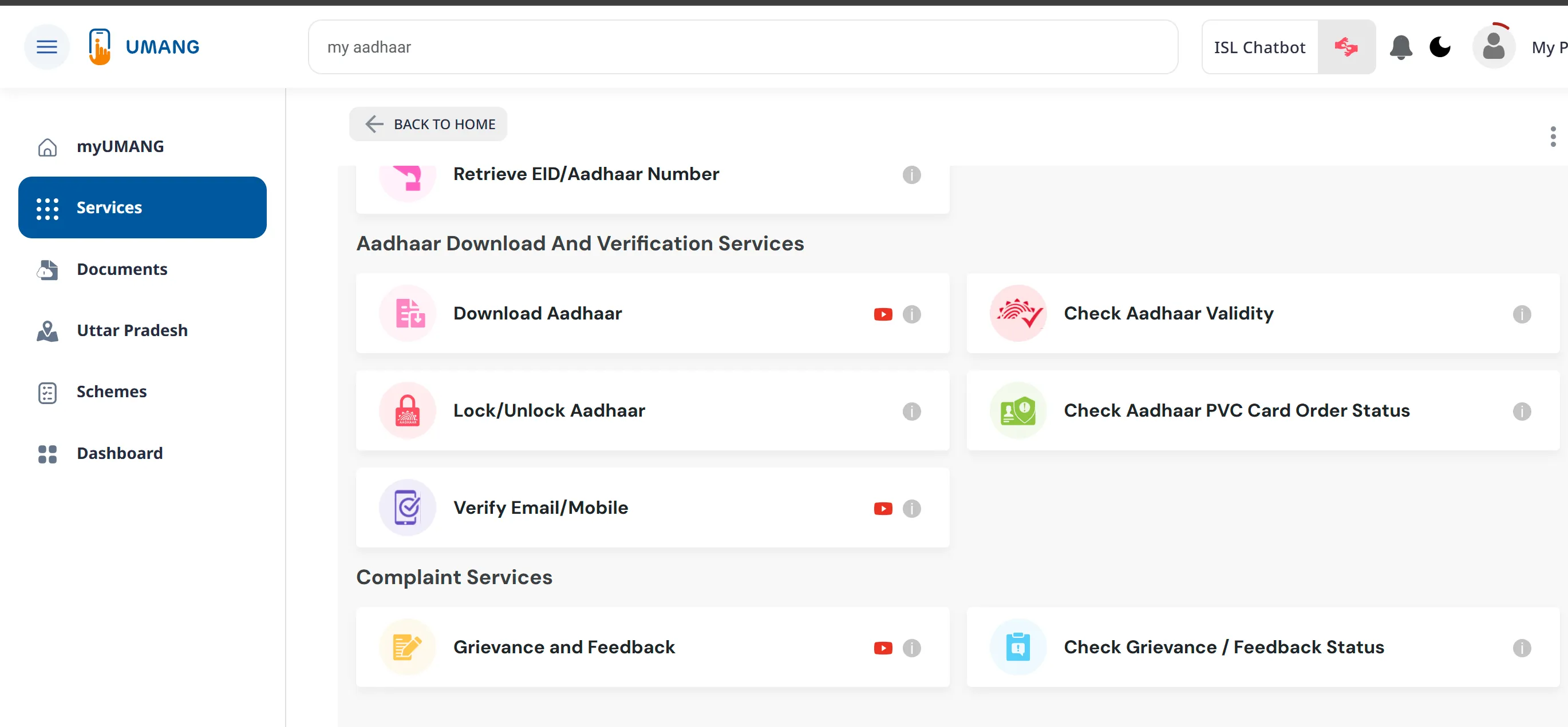 UMANG Aadhaar services screenshot
